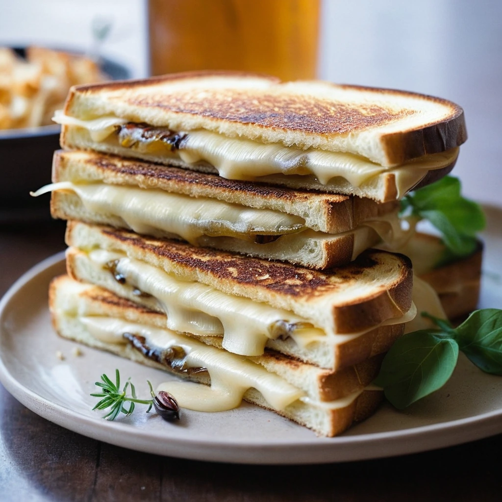 A toasted sandwich oozing melted cheese with caramelized onions peeking out, served on a rustic plate.