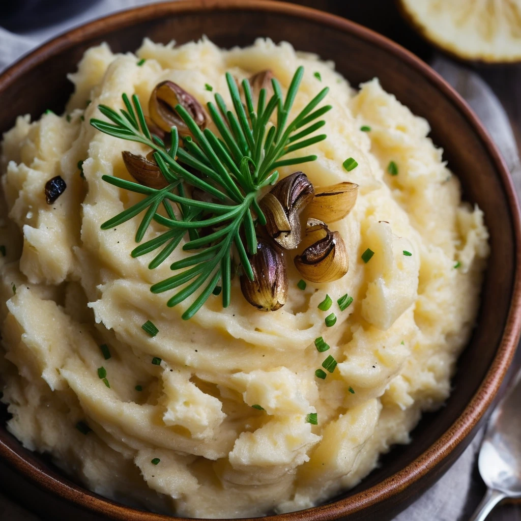 golden mashed potatoes with dark caramelized onions in a rustic bowl