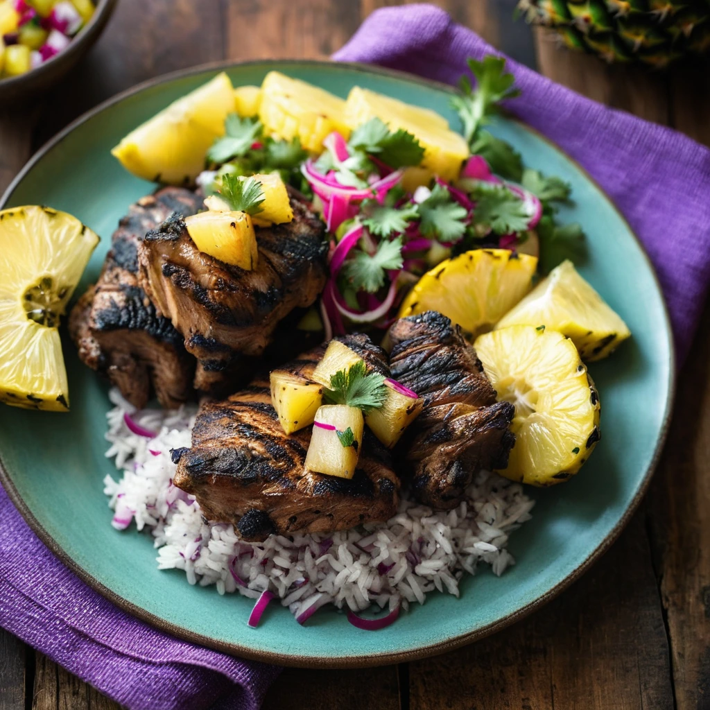 Grilled chicken thighs with a vibrant salsa of pineapple, red onions, and cilantro on a rustic wooden board.