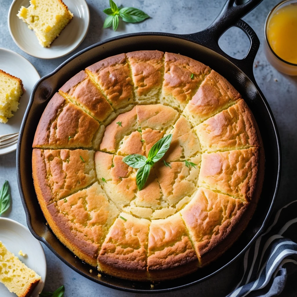 A round golden cornbread in a cast iron skillet with a drizzle of amber hot honey butter on top.
