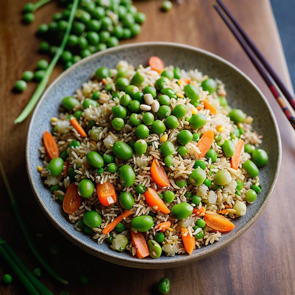 Golden cauliflower rice stir-fried with green edamame, colorful carrots, and peas in a sizzling wok.