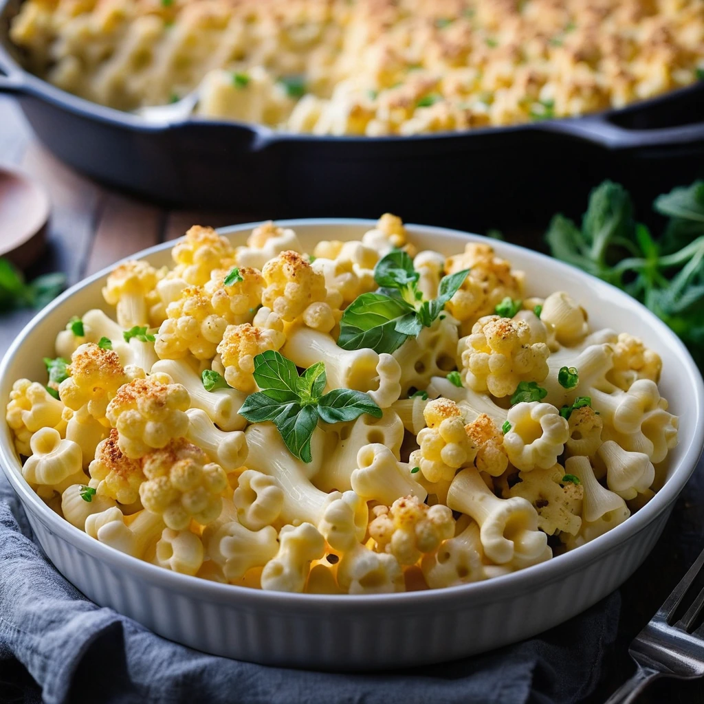 Golden skillet with creamy mac and cheese topped with melted cheese and vibrant cauliflower florets.