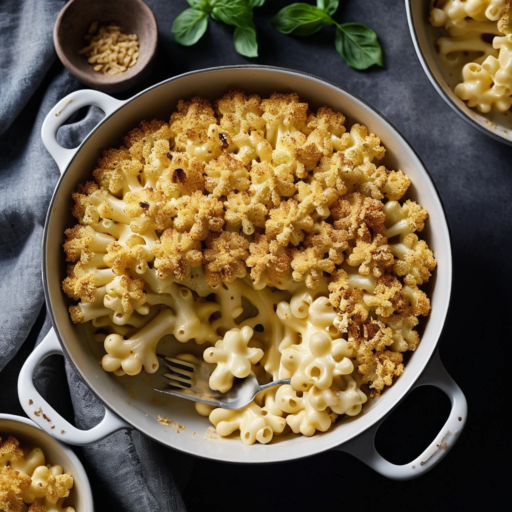 Baked pasta dish with cauliflower florets in a creamy cheese sauce, topped with a golden, crispy breadcrumb layer.