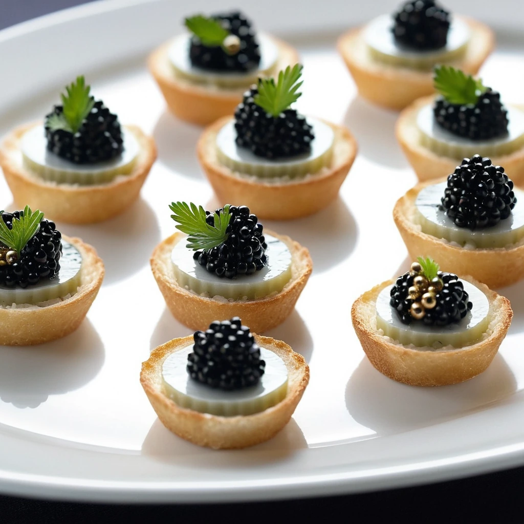 Small golden toasts topped with glistening black caviar arranged on a white platter.