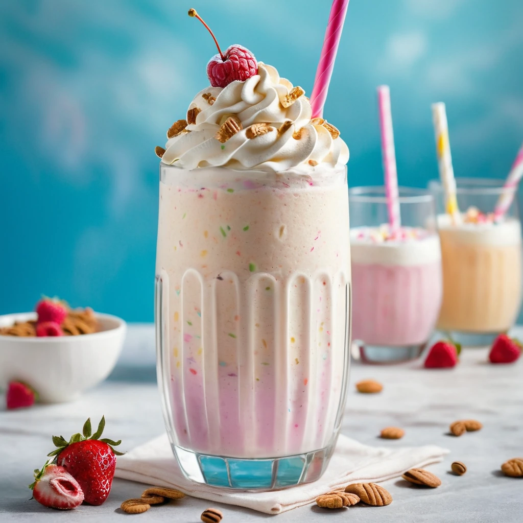 Thick milkshake in a tall glass, swirled with pastel colors and topped with whipped cream and a cherry.