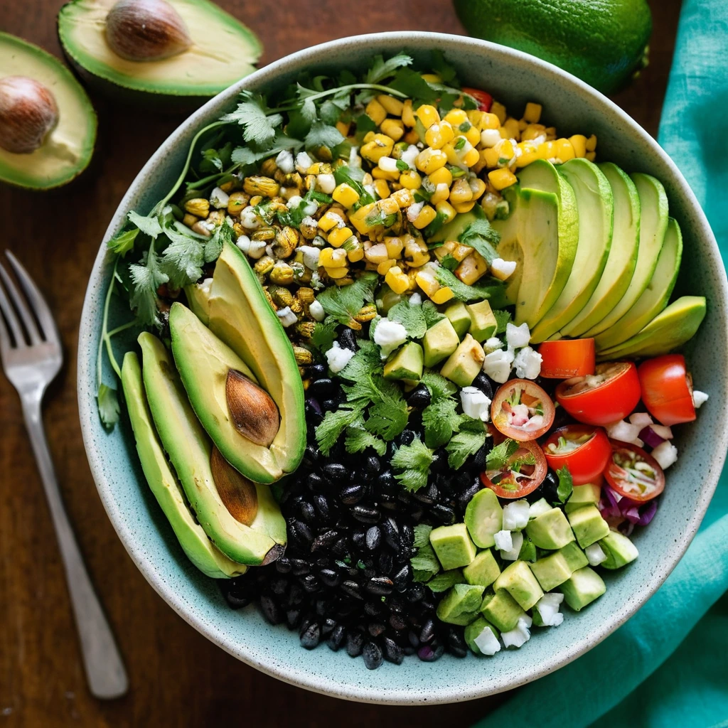 Colorful bowl of charred corn, diced avocado, peppers, and onions drizzled with a vibrant green dressing.