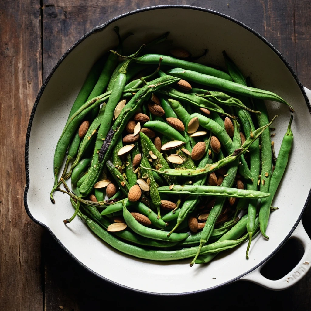 A rustic skillet with vibrant green beans, golden almonds, and charred edges.