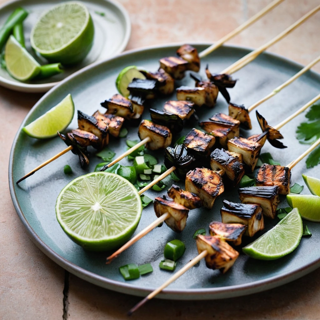 Grilled chicken skewers on a plate with charred scallions and lime wedges