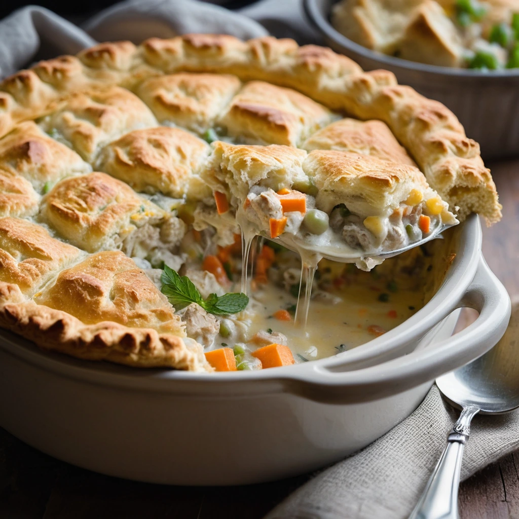 A bubbling pot pie with golden cheddar biscuit topping served in a rustic pie dish.