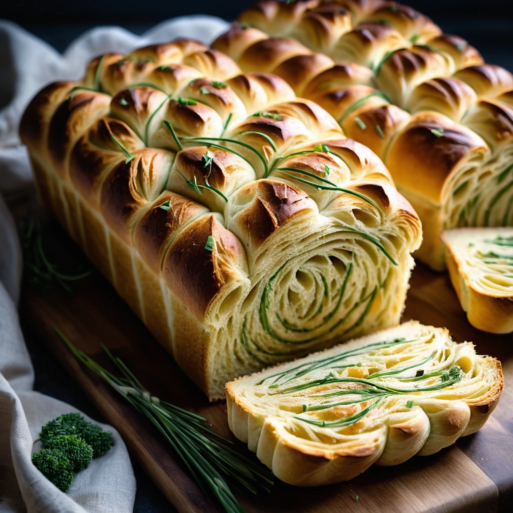 Golden braided bread with melted cheddar cheese and chopped chives on a rustic wooden board.