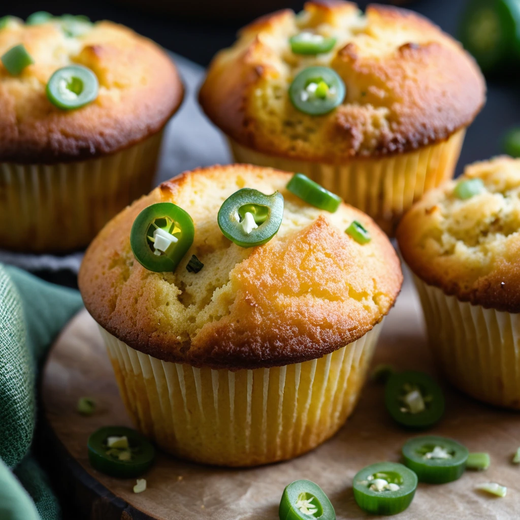 A dozen golden brown cornbread muffins sprinkled with green jalapeño pieces and melted cheddar cheese.