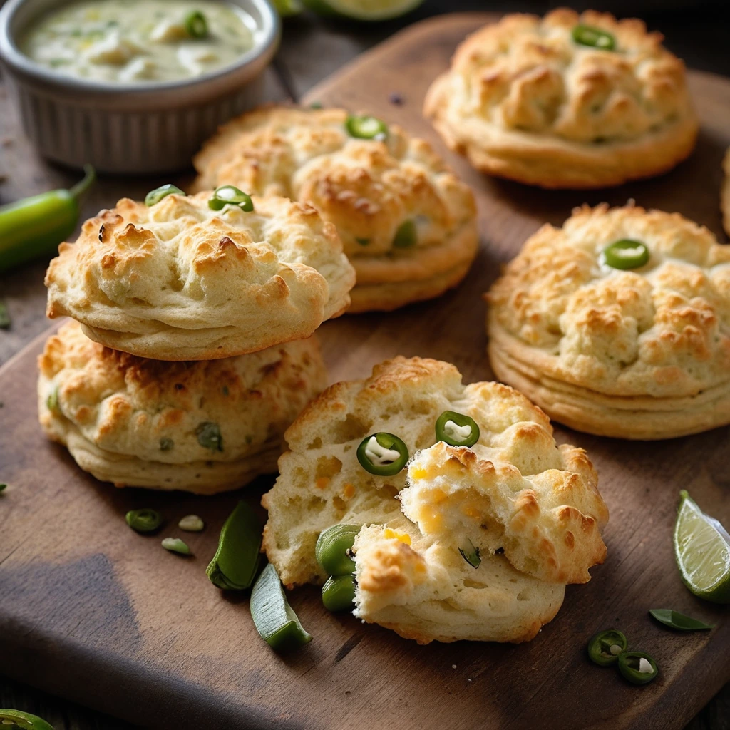 Golden brown drop biscuits with melted cheddar and green jalapeño flecks served on a rustic wooden board.