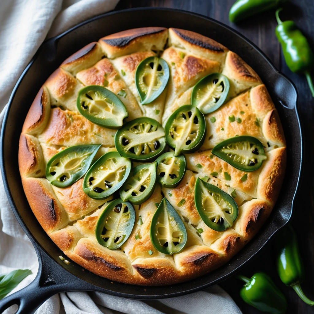 Round golden bread in a cast iron skillet, topped with melted cheddar and sliced jalapeños.