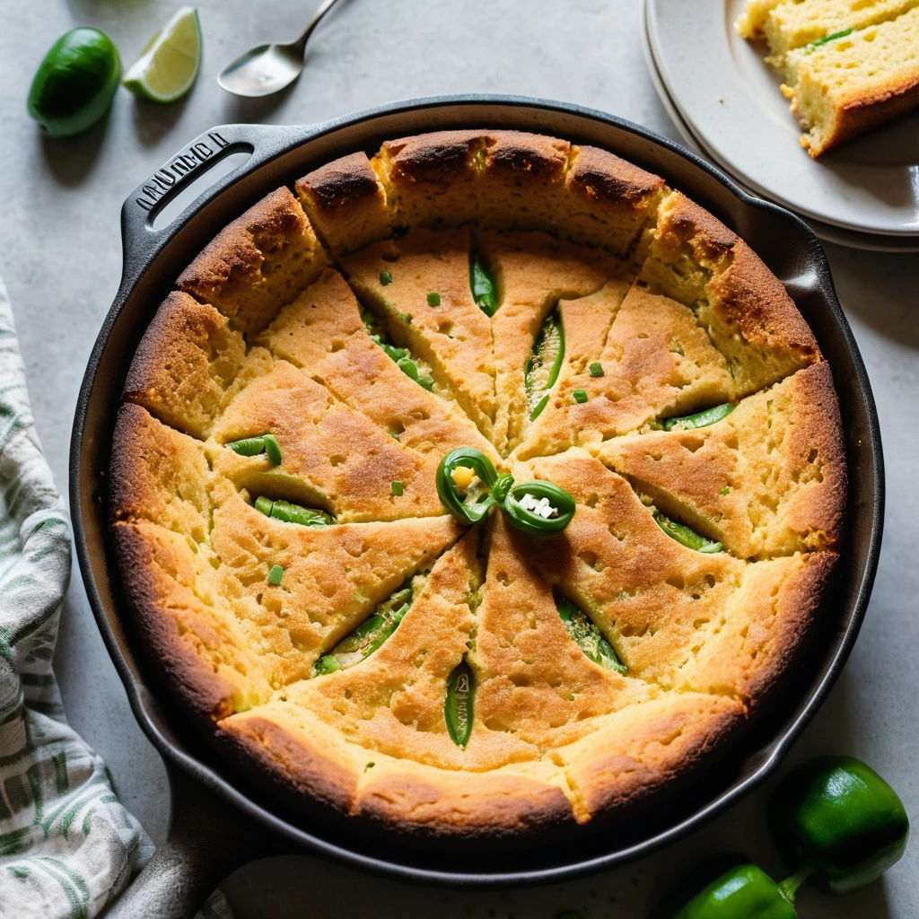 Round golden skillet cornbread with flecks of green and orange, cut into squares.