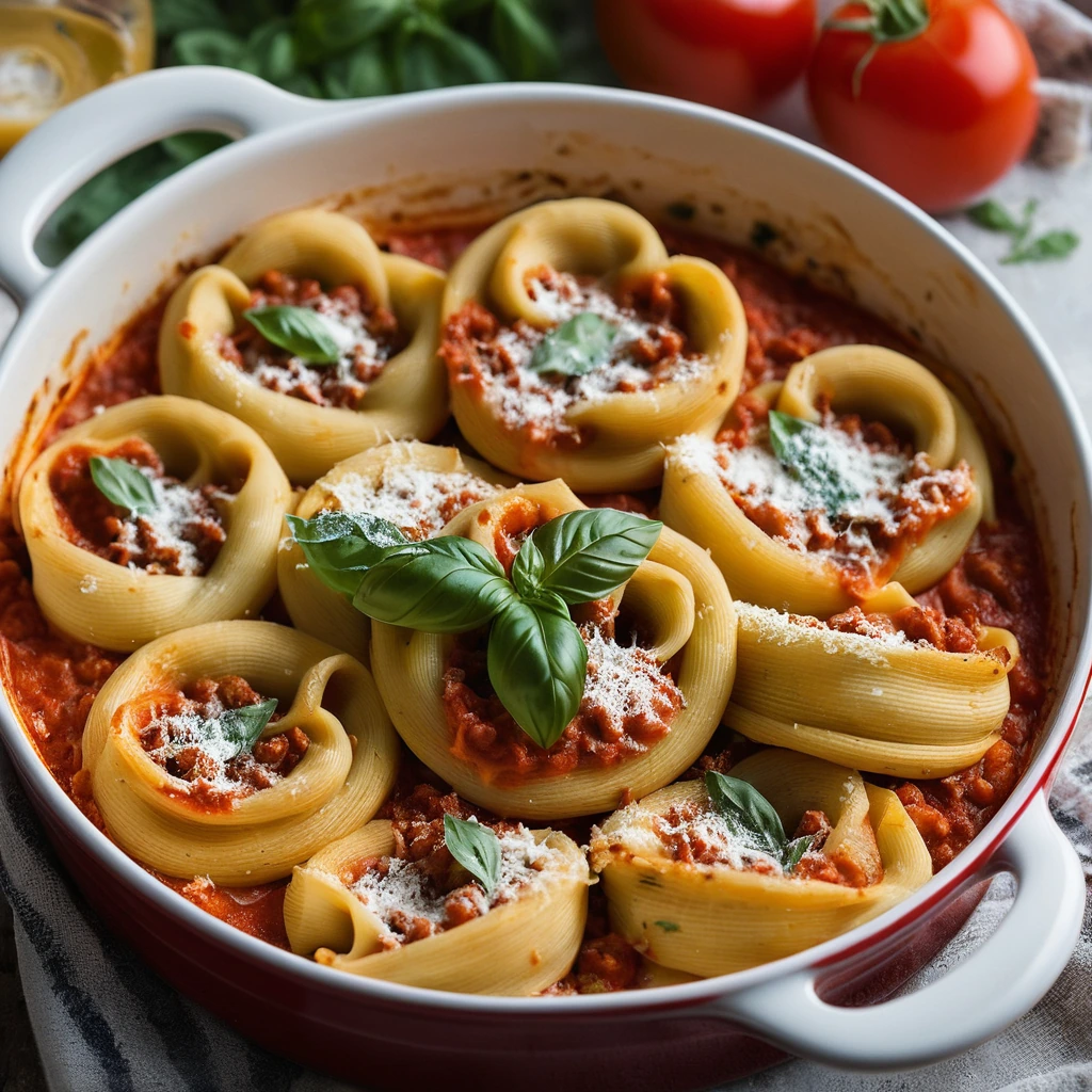 Baked tortellini in a golden bubbly layer of cheese in a red sauce, served in a baking dish.