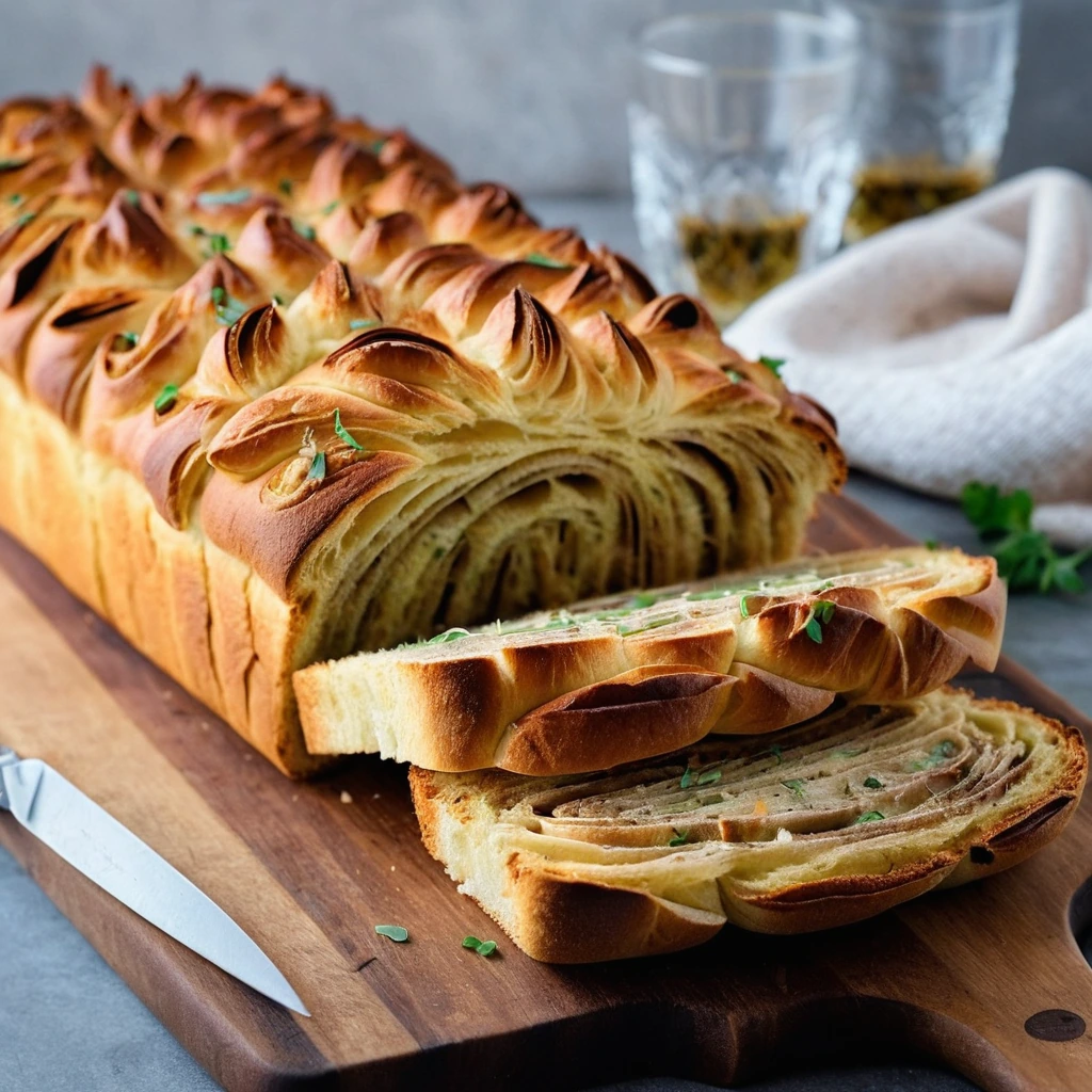 Golden loaf of bread with melted cheese and caramelized onions baked into the layers, served on a rustic wooden board.