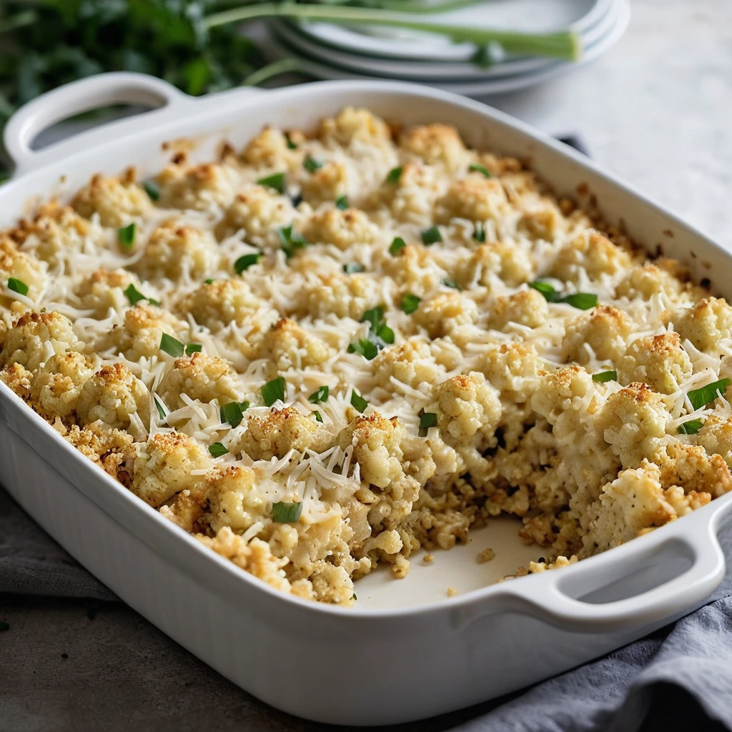 Golden-brown casserole with cauliflower and rice topped with melted cheese in a baking dish