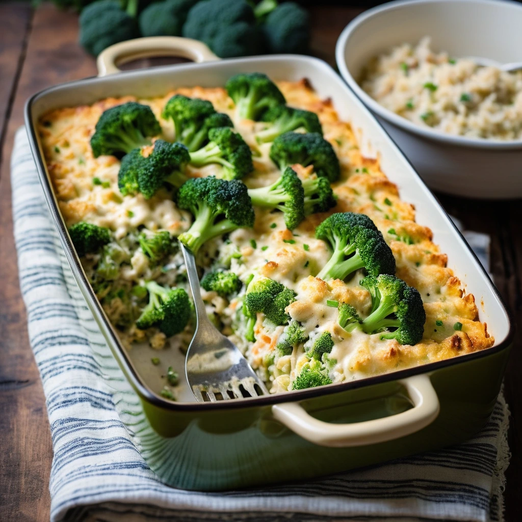 Baked casserole in a rectangular dish with golden top, dotted with green broccoli florets and melted cheese, served in a rustic kitchen setting.