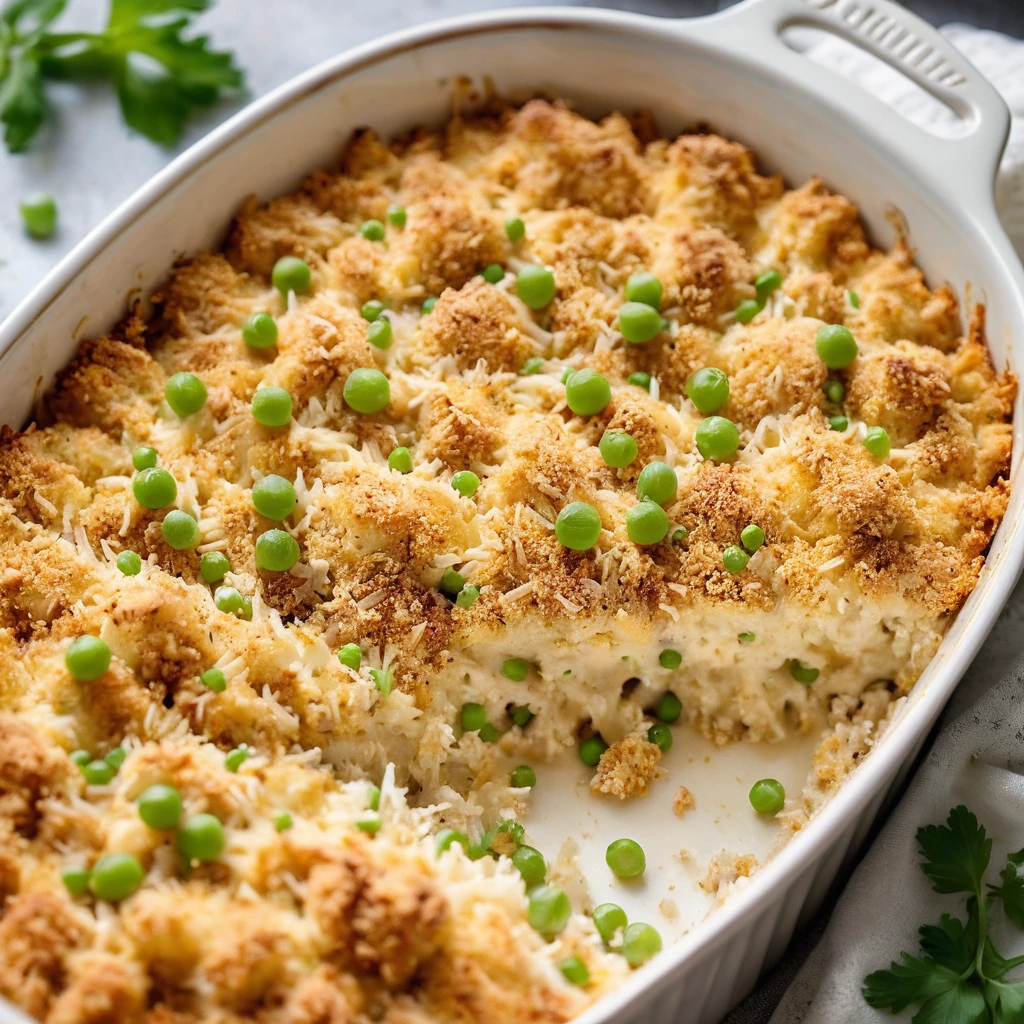 Golden crispy breadcrumbs topping a creamy, cheesy casserole in a baking dish with green peas peeking through.