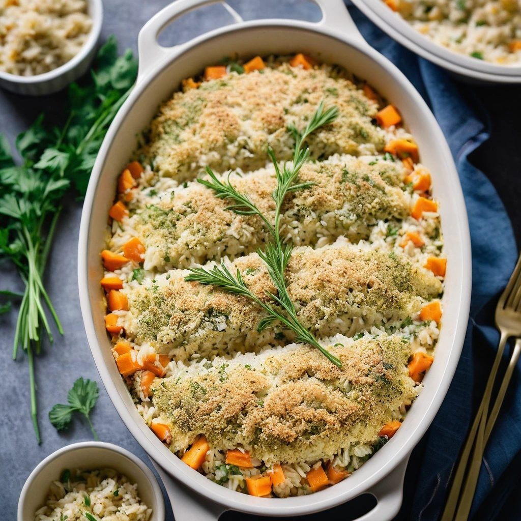 A bubbly casserole dish with golden herb crust and creamy chicken and rice filling.