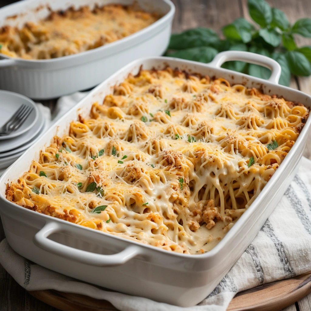 Golden bubbly casserole in a rectangular dish topped with melted cheese and breadcrumbs.