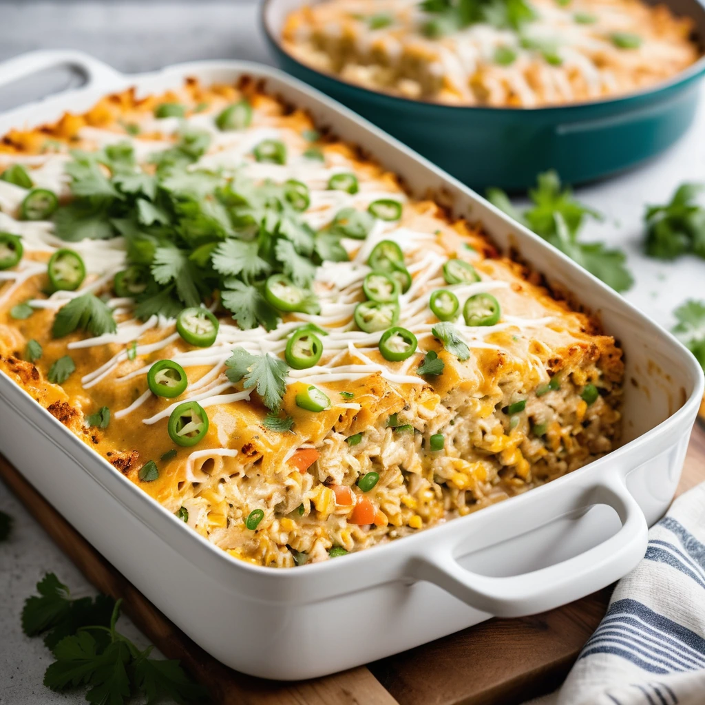Baked casserole dish with golden-brown top, bubbly cheese, and green specks of cilantro garnish.