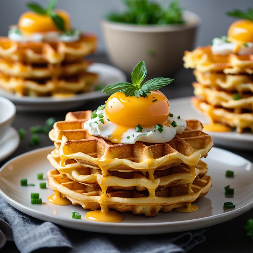 Stacked waffles with melted cheddar and scrambled eggs on a plate, golden brown with green chives garnish