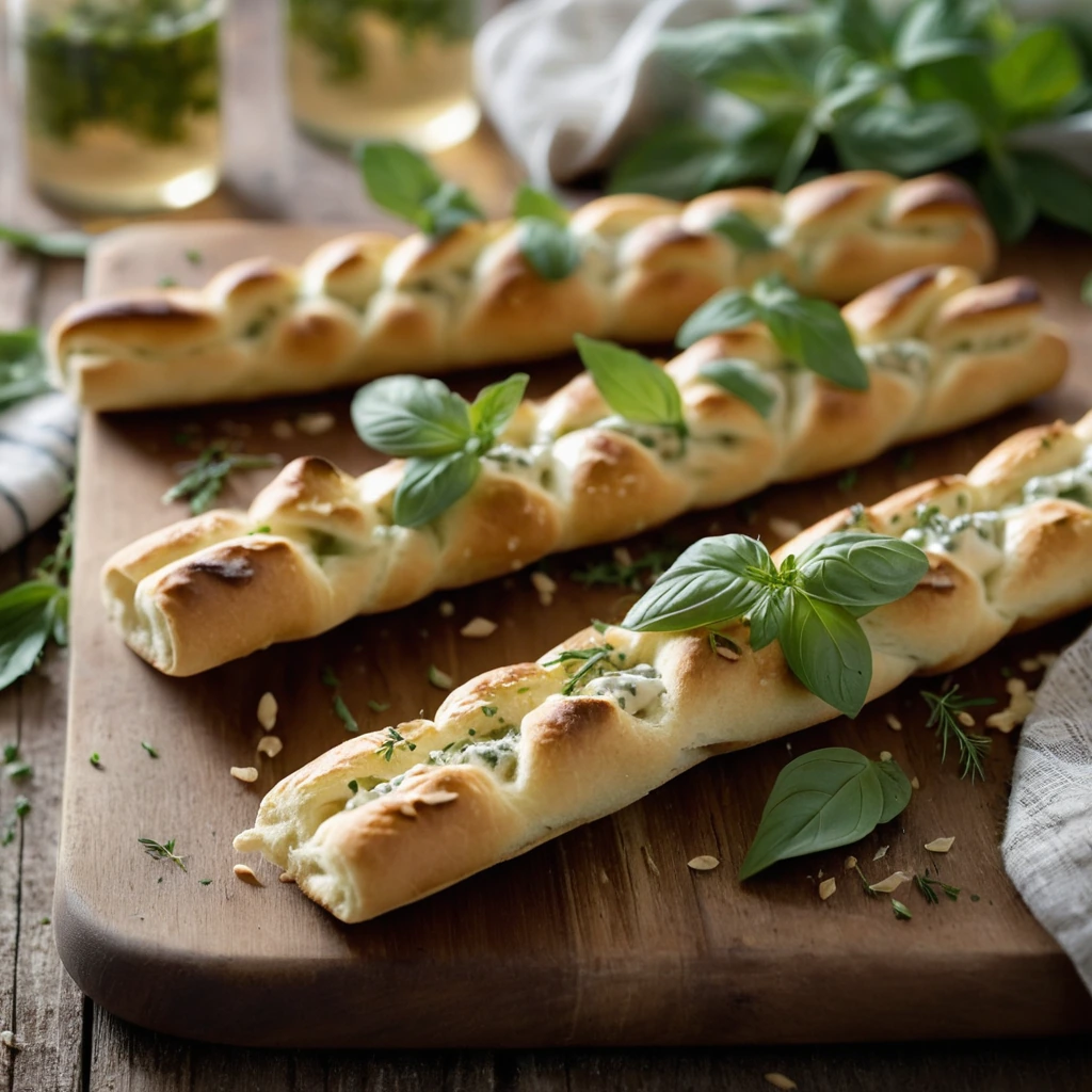 Golden brown breadsticks on a rustic wooden board, generously topped with melted cheese and fresh herbs.