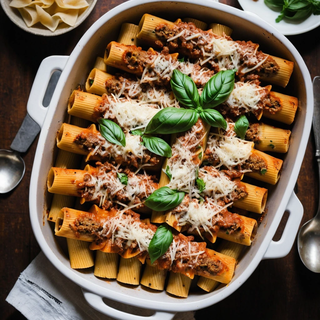 Baked rigatoni shells filled with browned Italian sausage and melted cheese, arranged on a baking dish, golden and bubbly.