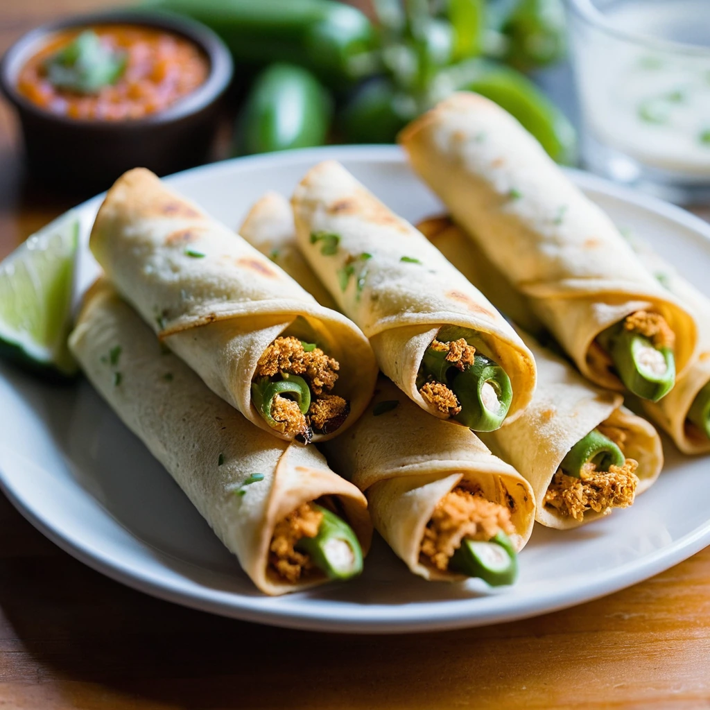 Golden flautas with a crispy exterior, filled with melted cheese and spicy jalapeños, arranged on a white plate.