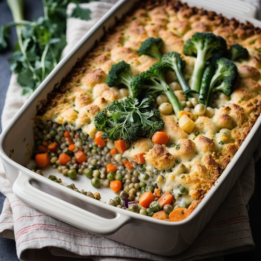 Baked casserole in a rectangular dish with a golden, bubbly cheese topping and a medley of colorful vegetables peeking through.