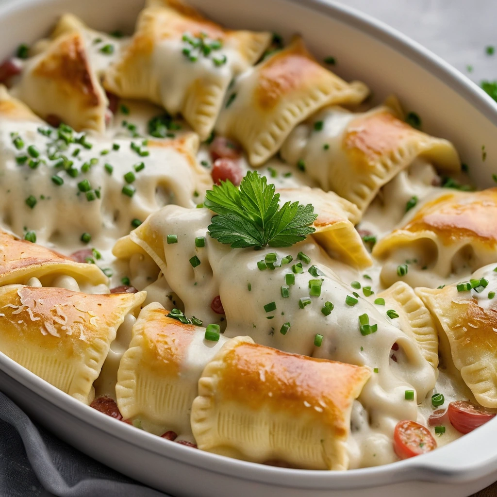 A rectangular casserole dish filled with golden pierogi, sliced kielbasa, and melted cheese, with a sprinkle of parsley on top.
