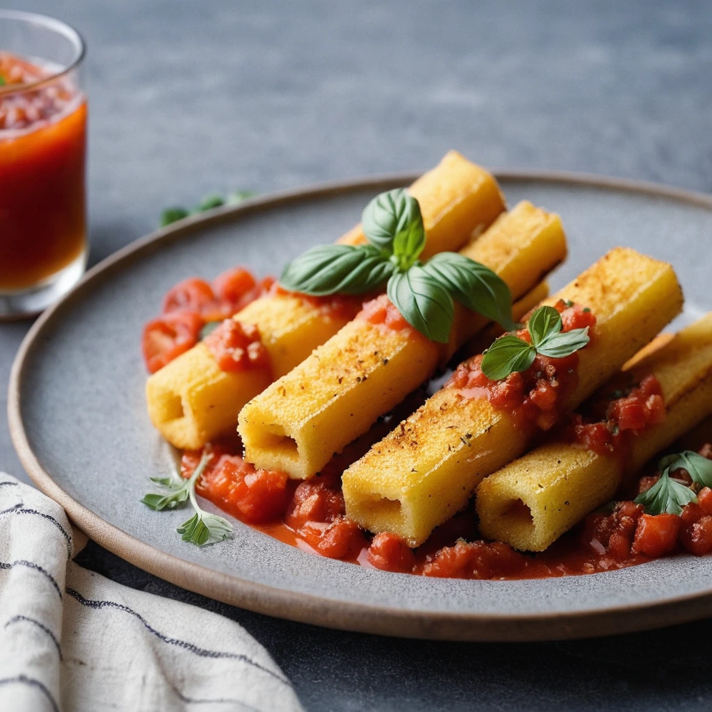 Plate of golden-brown polenta fries with melted orange cheese, served with a red marinara sauce.