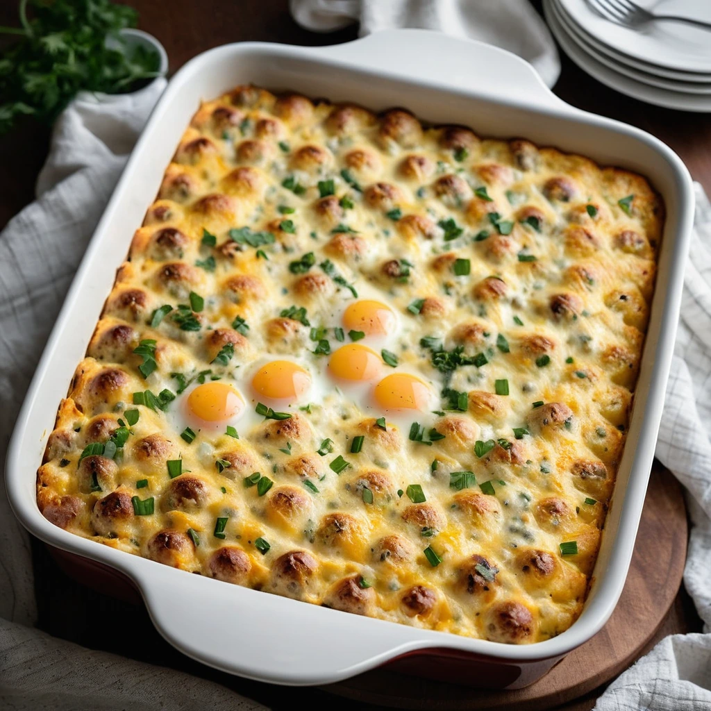 A rectangular casserole dish filled with a golden-brown mixture of eggs, sausage, and melted cheese, sprinkled with green chives.