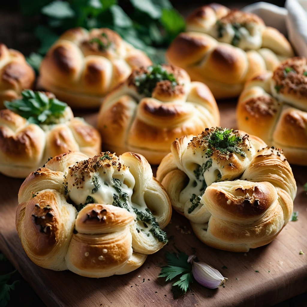 Baked golden knots with melted cheese, sprinkled with parsley on a rustic wooden board.