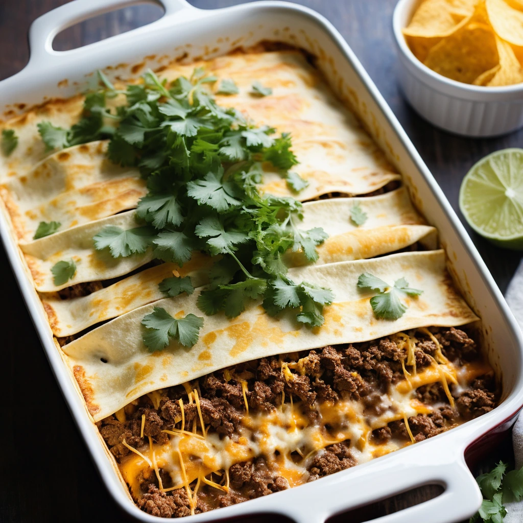 Golden tortillas layered with seasoned beef, melted cheddar cheese in a bubbling casserole dish