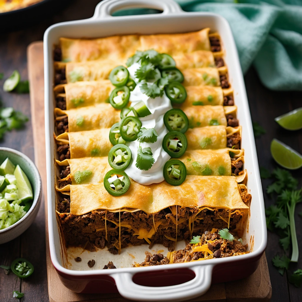 Golden-brown casserole with melted cheese on top, sprinkled with green onions and a side of salsa.