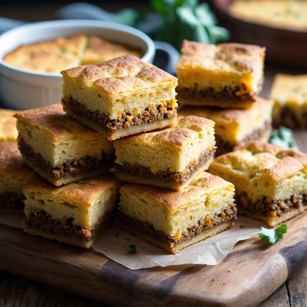 Golden cornbread squares with a layer of brown beef and melted orange cheddar cheese, arranged on a rustic wooden board.