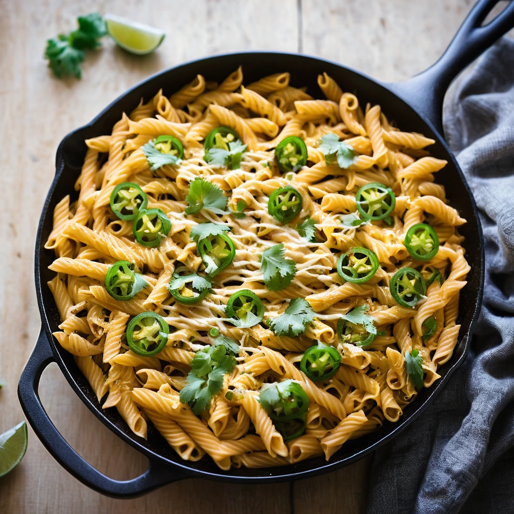 Golden skillet with orange pasta topped with melted cheddar cheese and green scallions.