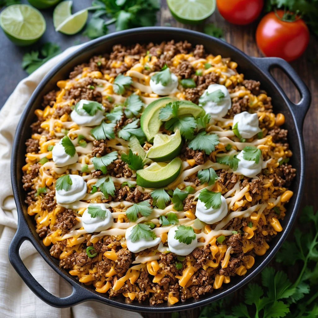 Golden skillet filled with a colorful mix of rice, beef, and melted cheese, garnished with fresh cilantro.