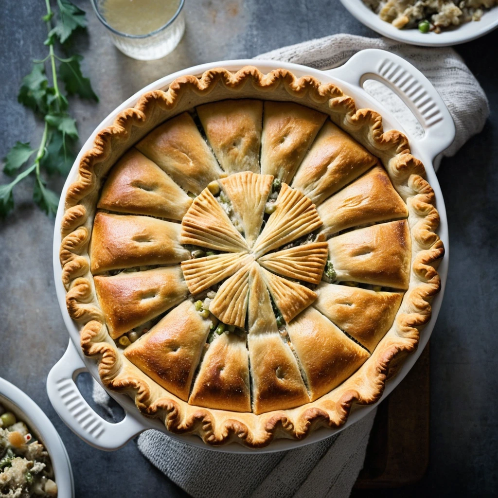 Golden pot pie with flaky crust, filled with creamy turkey and stuffing mixture, sprinkled with melted cheese.