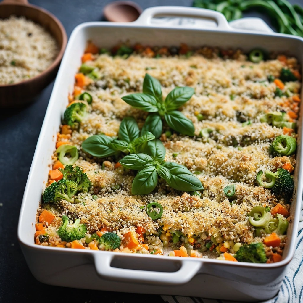 A bubbling casserole in a baking dish with a golden top, speckled with green veggies and flecks of quinoa.