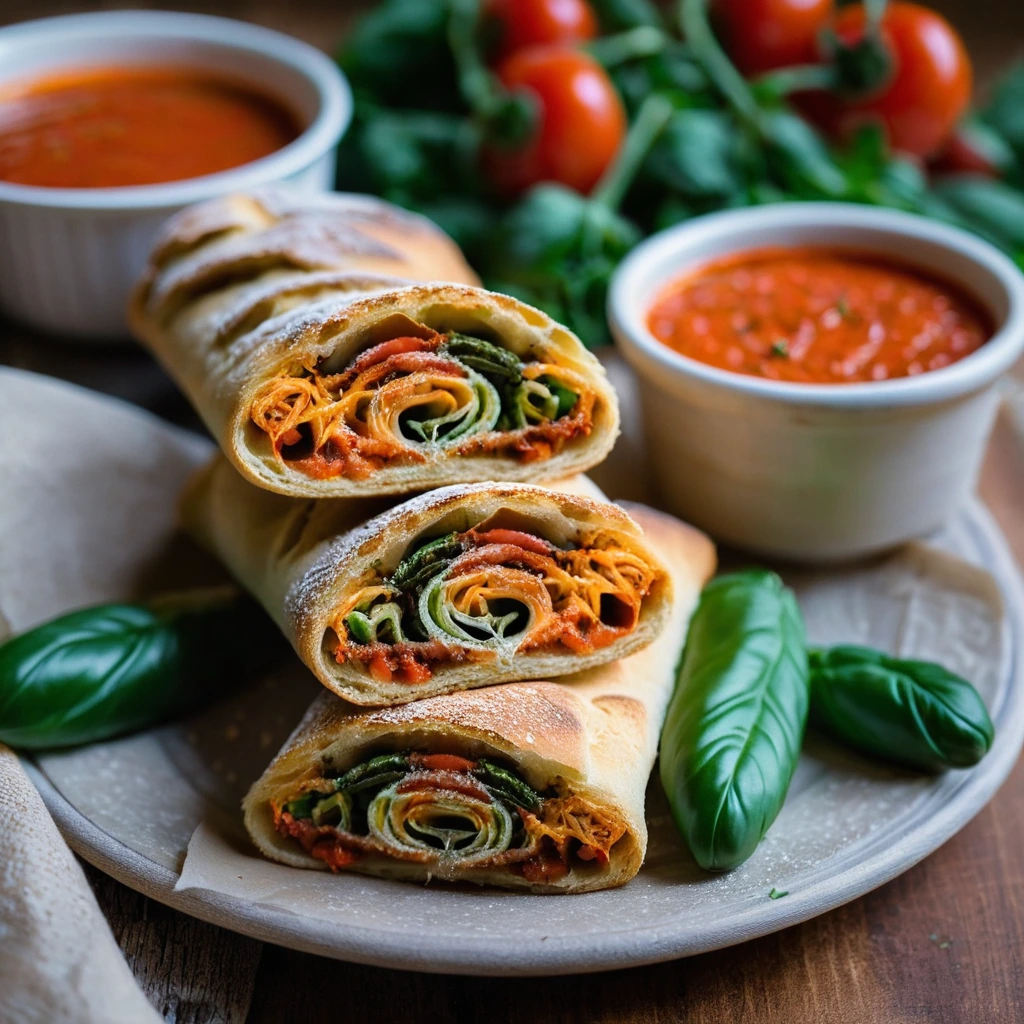 A golden-brown stromboli sliced open to reveal melted cheese and colorful veggies, served with a small bowl of red marinara sauce.
