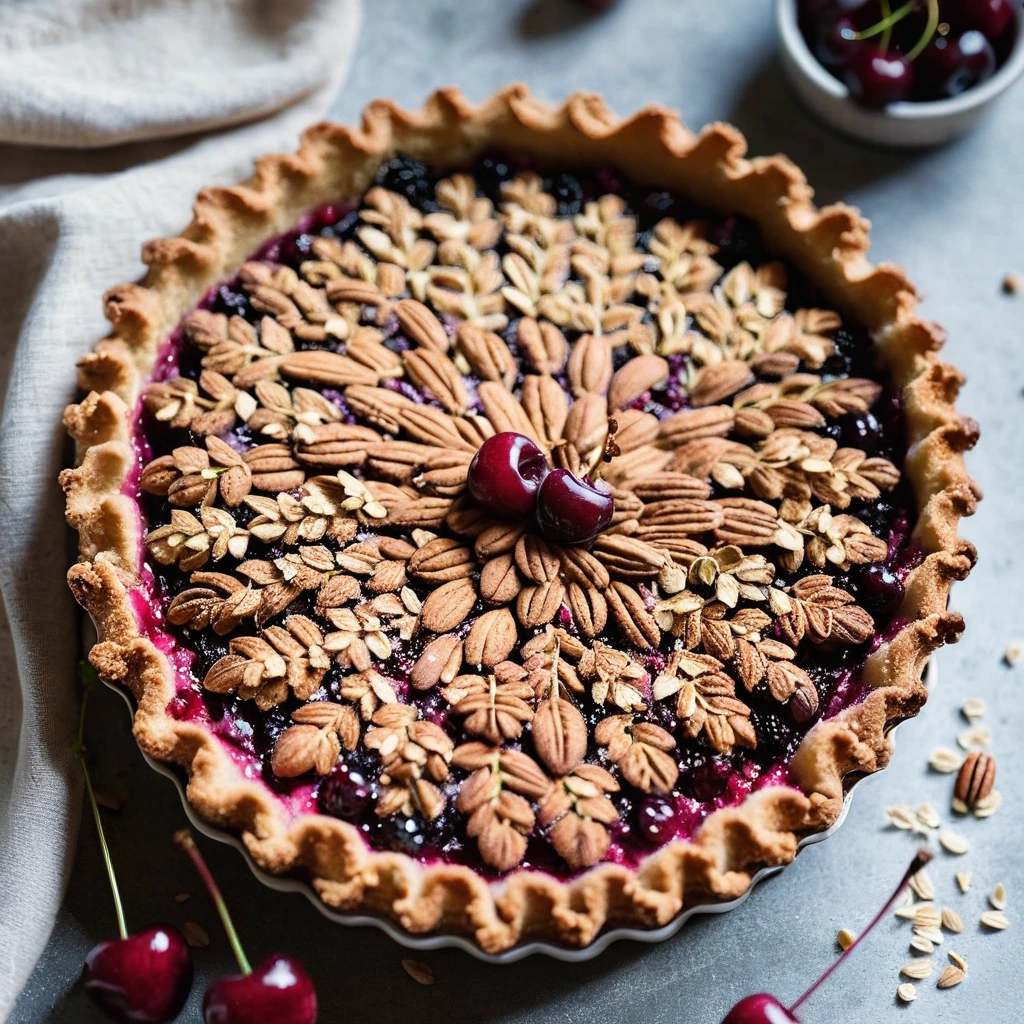 Golden brown tart filled with ruby red cherries and topped with a streusel crumble.