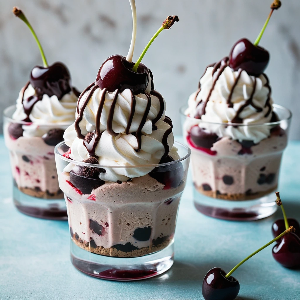 Sundae bowls with scoops of cherry-studded chocolate chip ice cream, drizzled with chocolate sauce and topped with whipped cream and a cherry.