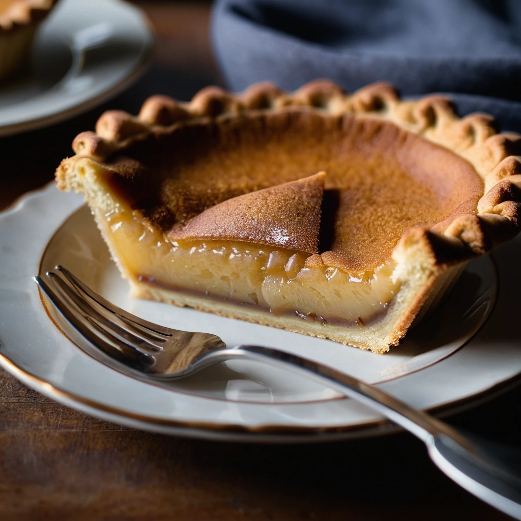 Golden brown pie with a shiny caramel center served on a rustic plate