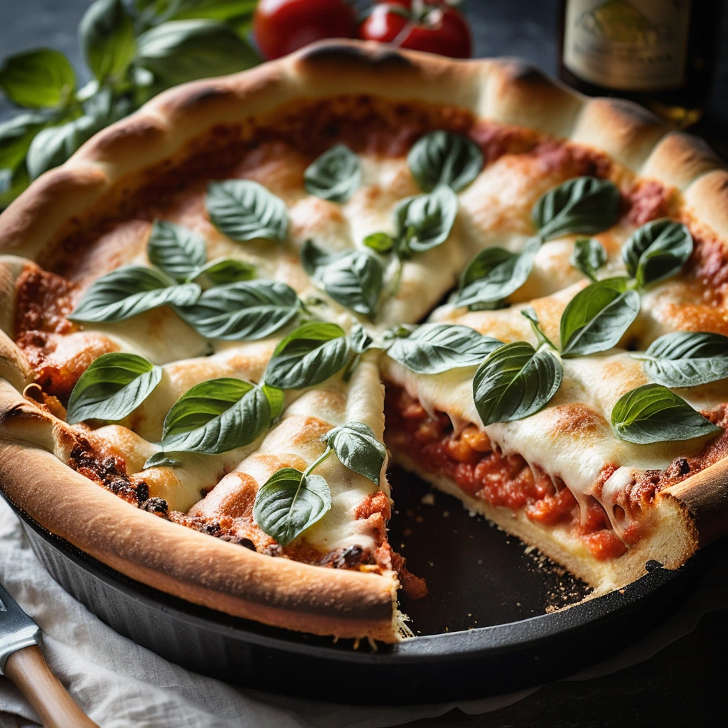 Golden deep dish pizza with bubbly cheese and toppings in a round cast iron pan