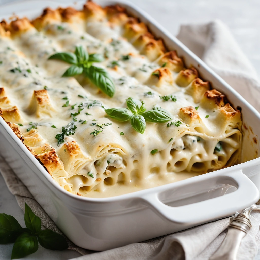 Baked casserole with golden lasagna rolls topped with melted mozzarella and parmesan, served in a rectangular dish.