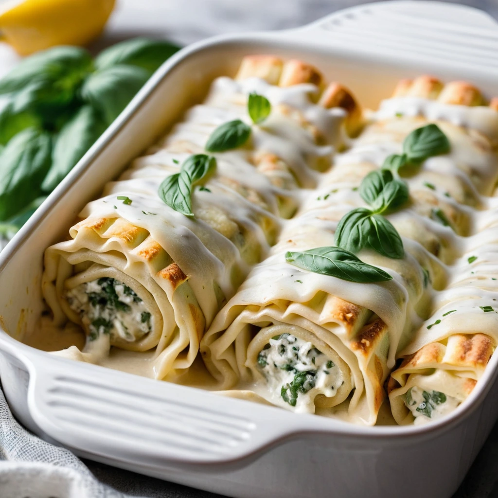 Rolled lasagna sheets topped with melted cheese and chicken in a baking dish, drizzled with creamy sauce.