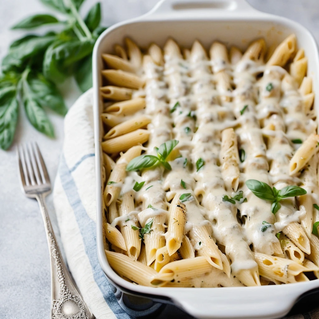 Baked penne pasta with creamy white sauce, shredded chicken, and melted cheese on top, served in a baking dish.